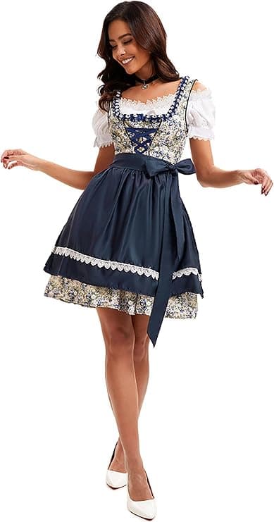 Dirndl til kvinder, traditionel midikjole til kvinder, dirndl-kjole med blonder inkl. dirndl-bluse og dirndl-forklæde, 3 dele, til Oktoberfest og blue M