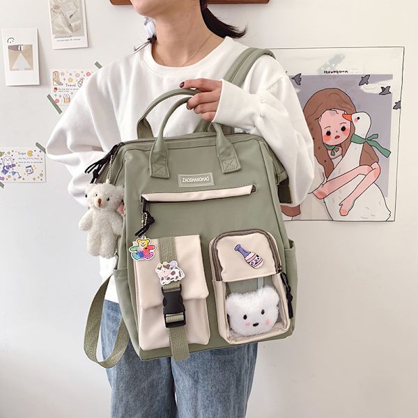 Kawaii Rygsæk med Søde Pin Tilbehør Plys Vedhæng Kawaii Skole Rygsæk Sød Æstetisk Rygsæk-Grøn