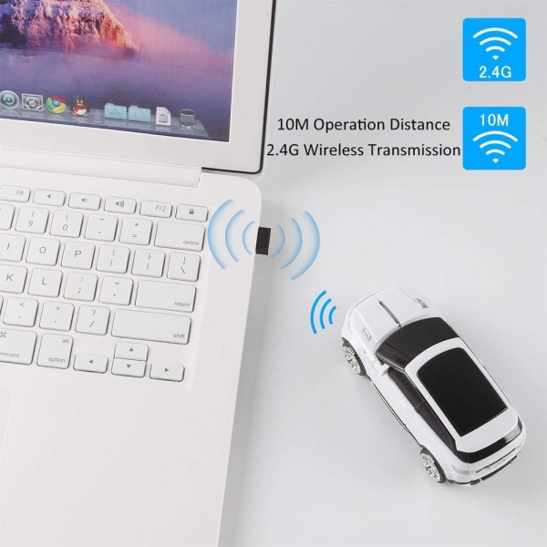 Kul SUV bilformet trådløs mus 1600 DPI Optiske trådløse mus med USB-mottaker for kontorskolereiser for PC Datamaskin Laptop-gave (hvit)