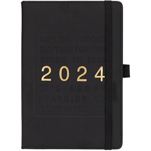 2024 Planlægger Faux Læder Cover 12 Månedlig Ugentlig Agenda Notebook med Elastisk Lukning Loop Serie Agenda Notebook, Sort, 1stk