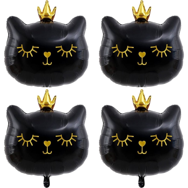 Big 22 Inch Black Cat Balloons Foil Helium Adorable Crown Kitty Cat Shaped Animal Balloons(Pack of 4)