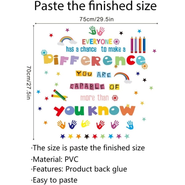 Inspirerende citat vægklistermærke Farverig, SPRT Rainbow Star Pencial Håndaftryk Inspiration Wall Sticker Akvarel Skoletema Wall Sticker