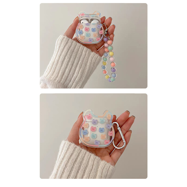 Sød AirPod 1,2 Etui Korea Sjov 3D Bjørn Design med Farverig Rund Perle Armbånd Klar Blød Beskyttende Cover Kompatibel til Kvinder og Piger