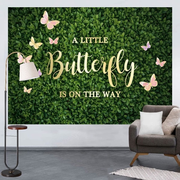 Fjärilsbaby Shower Bakgrund Gyllene Rosa Fjärilar Gröna Blad Bakgrund för Festtillbehör Födelsedag Dekorationer Banner 7x5FT