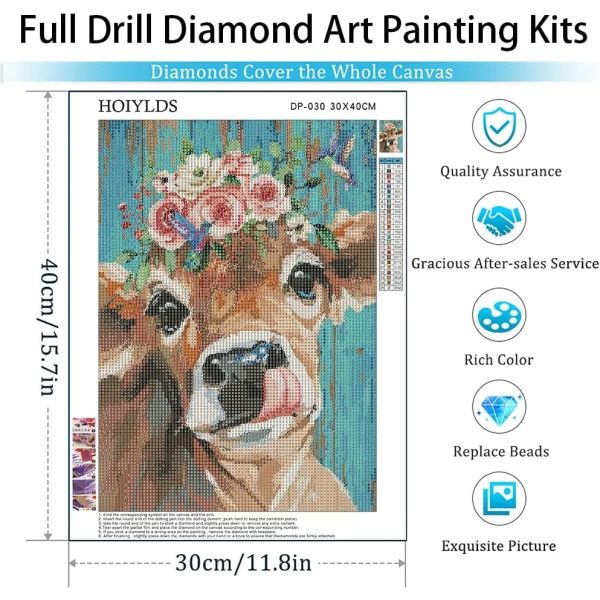 Lehmän timanttitaidemaalaussarjat aikuisille Round Full Drill Diamond Dots -maalaukset, 5D-maali timanttikuvilla Jalokivitaidemaalaussarjat Tee-se-itse-käsityöt