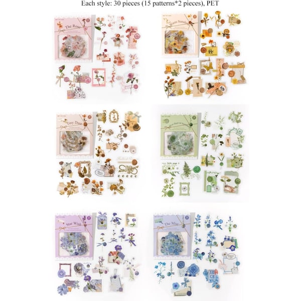 Scrapbogsklistermærker 6 pakker, 30 stykker hver til Junk Bullet-vandflasker Laptop, PET Æstetiske Deco-klistermærker Journaling Supplies-Floral Seal Series