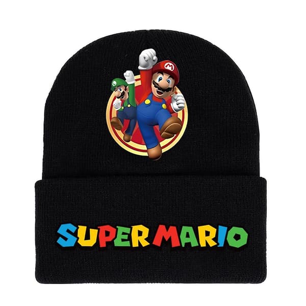 Super Mario Bros Tryckt Stickad Mössa för Män Kvinnor Unisex Vinter Varma Manschett Mössa E