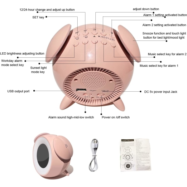 Alarmklocka för barn, nattlampa för barn, pojkar och flickor, väckarklocka, rosa