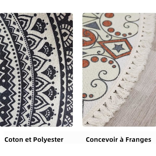Mandala Bomullsstue Teppe, Bohemian Rundt Vevd Teppe med Frynser Maskinvaskbar Inngangsgulvmatte for Soverom, Gang (60 cm, Brun)
