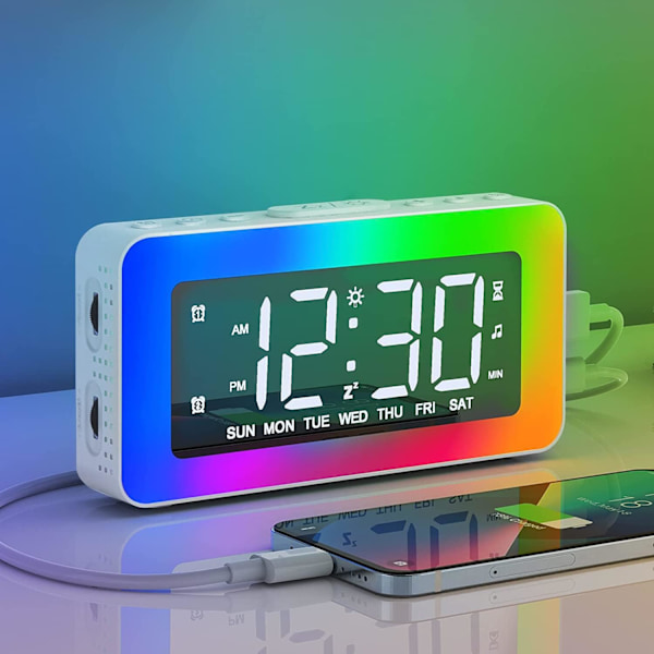 Digital väckarklocka med 2 väckarklockor, LED digital klockspegel med 8 ljuslägen, snooze, sömnstöd, timer