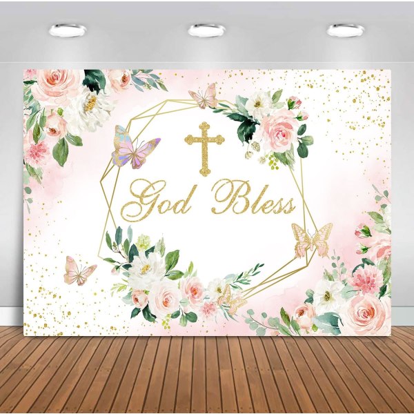 Gud välsigne bakgrund för flicka dopfest Första nattvarden Konfirmationsdekorationer Rosa och guld Blommor Dop Bakgrund Banner 7x5ft