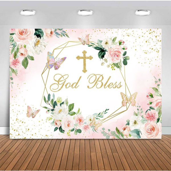 Gud velsigne baggrund til pige dåb fest første hellige kommunion konfirmation dekorationer lyserød og guld blomster dåb baggrund banner 7x5ft