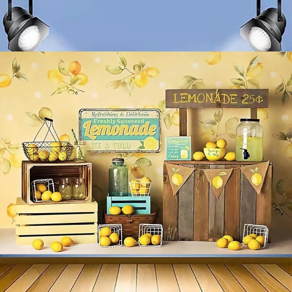 Sitruunankeltainen valokuvatausta Viileä kesä Hyvää syntymäpäivää Lemonade Shop Juhlavalokuvaus Tausta Sitruunamorsiussuihkubanneri valokuvatausta 7x5ft