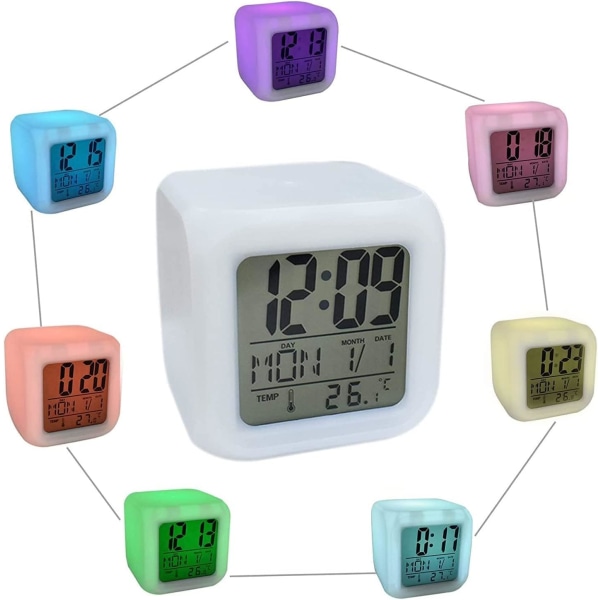LED-väckarklocka, barnens LED-färgglada lysande kub LCD-klocka, för barn vuxna sovrum vakna nattstygn alarmklocka, C