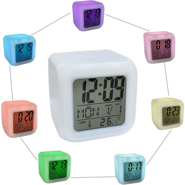 LED-väckarklocka, Kids LED färgglad lysande kub LCD-klocka, för barn vuxna sovrum vakna nattstygn alarmklocka, F