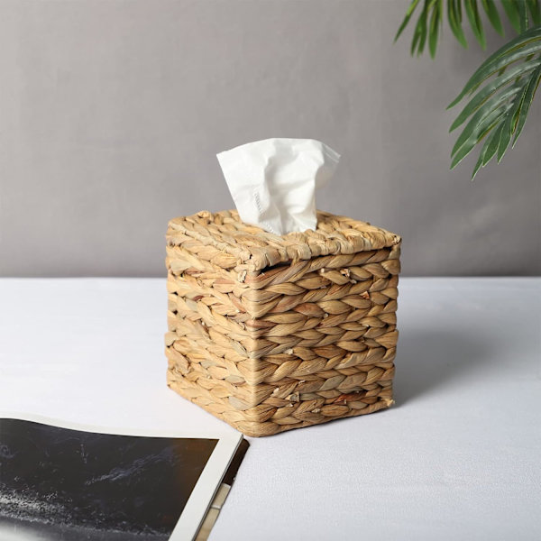 Kudoksen laatikko kansi vesihyasintti kudottu paju neliömäinen kudoksen laatikko pidike koristelu lautasliina annostelija järjestäjä tiskille 5 x 5 x 5'' luonnollinen