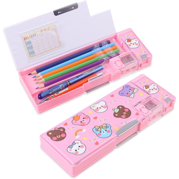 1 st pop-up multifunktion case, söt tecknad pennask organizer brevpapper, bästa födelsedagspresenter för barn【Rosa-björn】