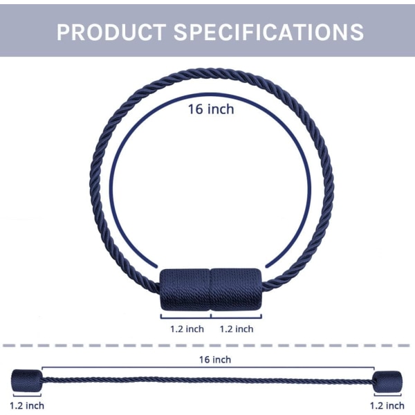 2 stk. 16 tommer magnetiske gardinholdere håndlavede side reb gardinholdere praktisk dekoration til hjemmekontor vindue (mørkeblå)