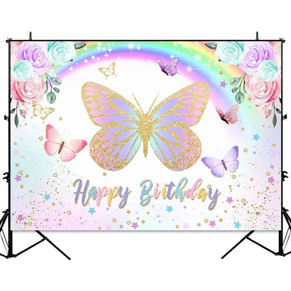 Perhonen Hyvää Syntymäpäivää Tausta Violetti Vaaleanpunainen Kukka Sateenkaari Perhonen Syntymäpäivä Tausta Perhonen Syntymäpäiväkoristeet Juhla Banner Tarvikkeet 8X6ft