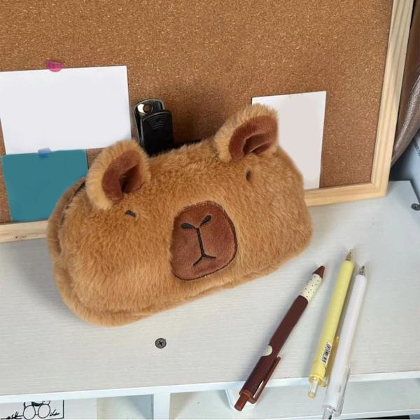 Plys blyantsæske, dyreblyantspose, capybara blyantstaske sød skoletilbehørstaske, lille blød lynlåstaske blyantstaskearrangør