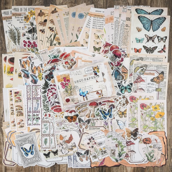 Vintage Scrapbooking rekvisitapakke (200 stykker) for søppeljournalføring Bullet Journaling Planner Botanisk papirklistremerke Craft Kit Estetisk