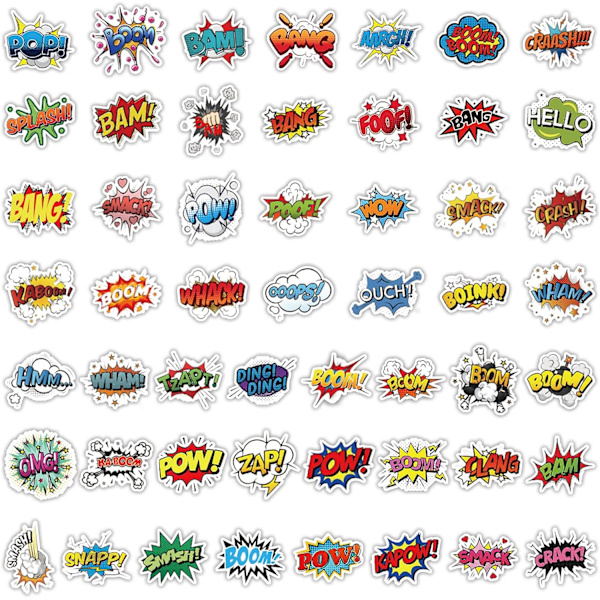 50 kpl Boom Pop -tekstitarroja koristeluun, lahjaan, vesipulloon, kannettavaan tietokoneeseen, Lee-kitaraan, mukiin, muistikirjaan, DIY-koristeisiin, vedenpitävät vinyylitarrat