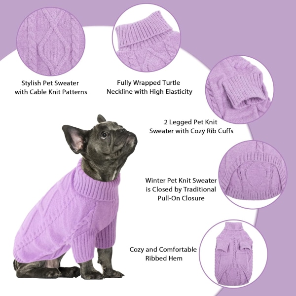 Lille hund pullover sweater, koldt vejr kabelstrik, klassisk turtleneck tykke varme tøj til chihuahua, bulldog, gravhund, mops (lilla, X-Large)