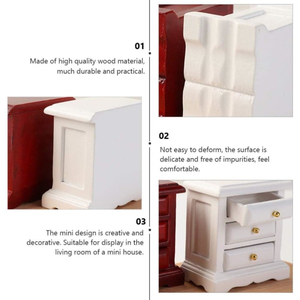 Nukkekodin yöpöytä 1: 12 mini puista yöpöytää Pienoismalli Makuuhuoneen Laatikkokaappi Scene Lelumalli Rekvisiitta Valkoinen