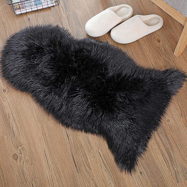 Fårskinnsmatta, fluffig konstgjord pälsmatta, universella mattor i olika storlekar som används i sovrum, vardagsrum, stol eller soffa (svart, 60x90cm)
