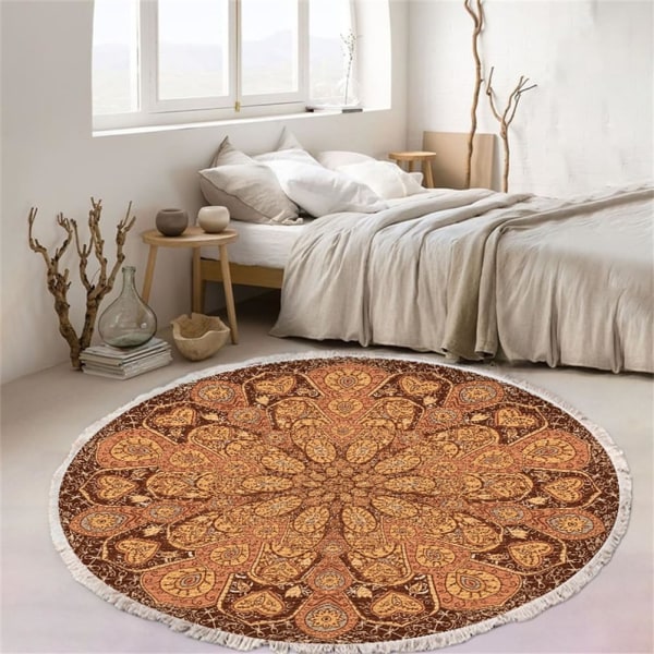 Rundt vævet bomuldstæppe, bøhmisk mandala tæppe med frynser, skridsikkert tæppe til stuen (60 cm, orange)
