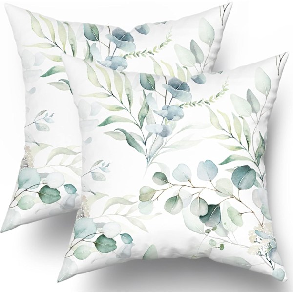 Vårgrön salviablad kuddfodral 18x18 set om 2, eukalyptus blommig akvarell kuddfodral, grå sjöskum blad tryck prydnadskuddar överdrag