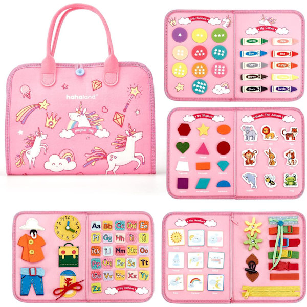 Aktivitetstavle for småbarn 5 lag, aktivitetsbrett, Montessori leke baby fra 1 2 3 4 5 år jente gutt, pedagogisk sensorisk leke, motorikkbrett Pink unicorn 22*28cm