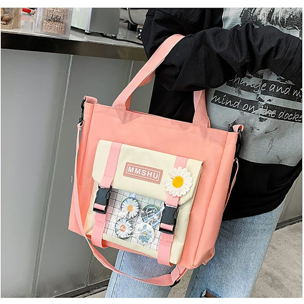 Kawaii skolväska femdelad canvas skolväska med teddybjörn pojkar flickor tillbaka till skolan tillbehör-rosa