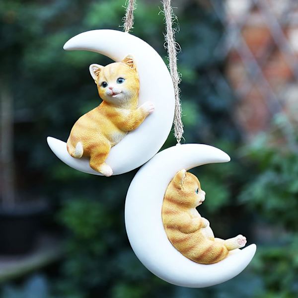 Kattfigur, Resin Moon Kittens Modellprydnad, Dekorativ Hängande Staty av Söta Katter Inomhus Utomhus Skulptur Dekor