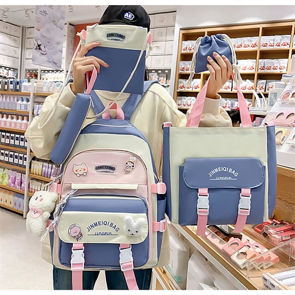 Kawaii ryggsekksett med 5 deler estetisk ryggsekk for skole tenåringsjenter daglige nødvendigheter med sjarm og pins, pennal, tote bag, liten veske.