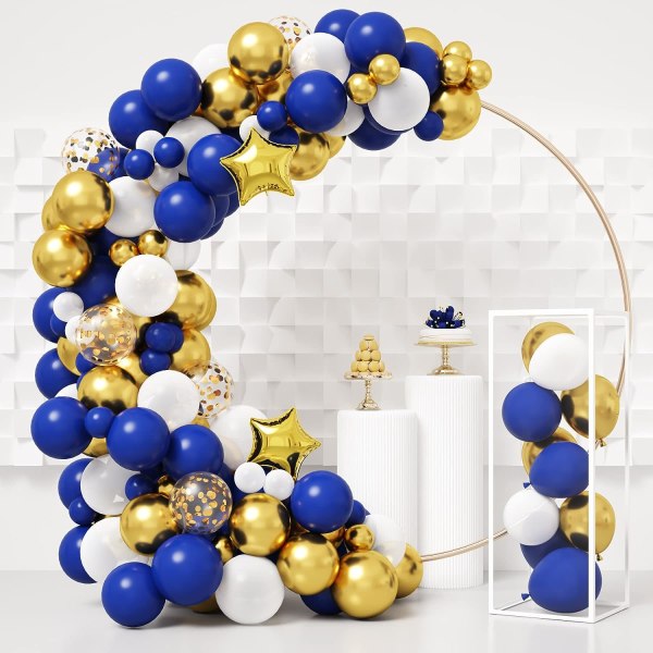 154pcs Royal Blue Gold Balloons Garland Arch Kit, Royal Blue Metallic Gold White Balloons with Star Foil Balloons for Party Supplies Decorations