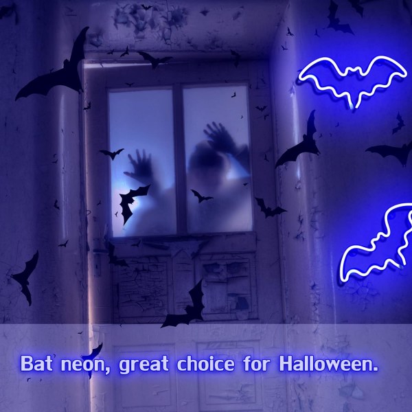 Halloween Bat Neonkyltti, Seinäkoristelu, Lepakkomuotoinen lamppu paristolla tai USB virtalähteellä Halloween-juhliin, Baari, Huoneen sisustus, Lasten lahja (sininen)