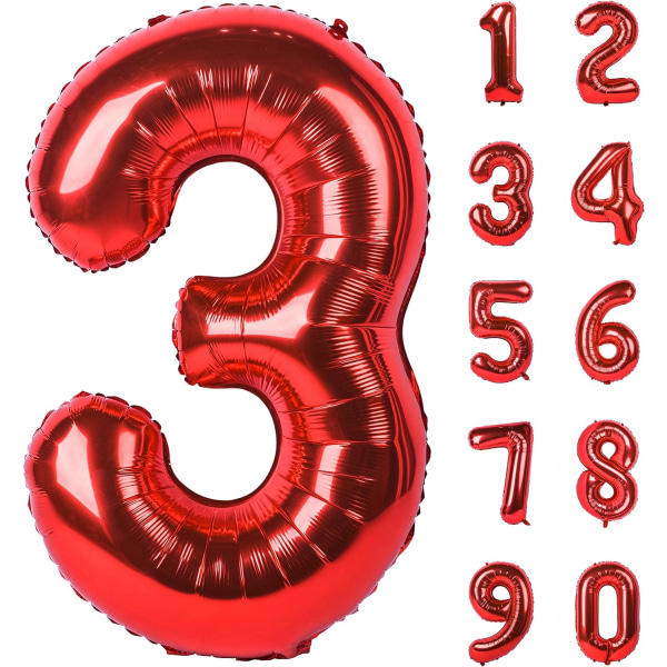 40 tum Röd Stora siffror 0-9 Födelsedagsfestdekorationer Heliumfolie Mylar Stora talballong Digital tre