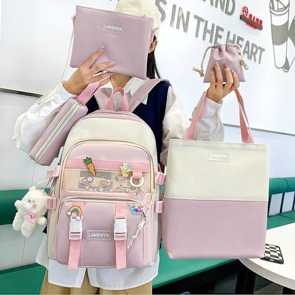 5 stk. Kawaii Rygsæk Sød Rygsæk Æstetisk Rygsæk Preppy Rygsæk Sæt Kawaii Skoleartikler med Tilbehør (Pink)
