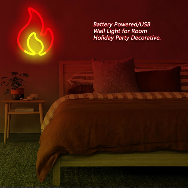 Hanging Flame Shaped Light, USB or Battery Powered Fire Neon Sign for Kids Boys Room Decorations, Party, Bar, Birthday Gift Red + Yellow