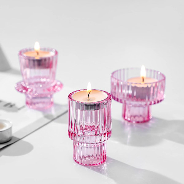 Lasikulhojen kynttilänjalat pilarikynttilöille, suippukynttilöille, tealight-kynttilöille, ensiluokkaiset monikäyttöiset kynttilänjalat, koristeelliset kynttilänjalat 3 kpl, vaaleanpunainen