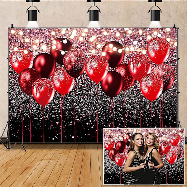Svart og rød glitterballonger bakgrunn for bursdag Valentinsdag bryllup ball dekorasjon banner glitter strenglys dekorasjon 7x5ft