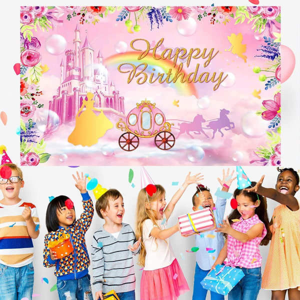Fødselsdagsfestdekorasjoner for prinsesser, rosa slottbursdagsbakgrunn, bursdagsbakgrunn for prinsessefoto, 59x39 tommer