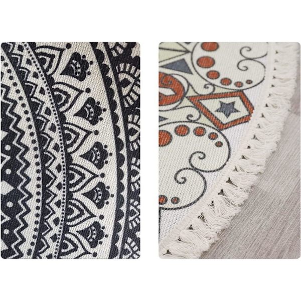 Vintage Bohemian puuvillapyöreä matto - Mandala-kuvio konepestävä tyyli pompomeilla makuuhuoneeseen, eteiseen, olohuoneeseen, sohvapöytään 60cm kukat