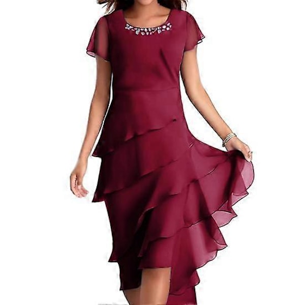 Elegant damekjole O-hals Perlepynt Kortermet Midi-kjole Lagdelt Kakekant Flytende Kjole Selskaps Bryllupsgjest Kjole wine red S