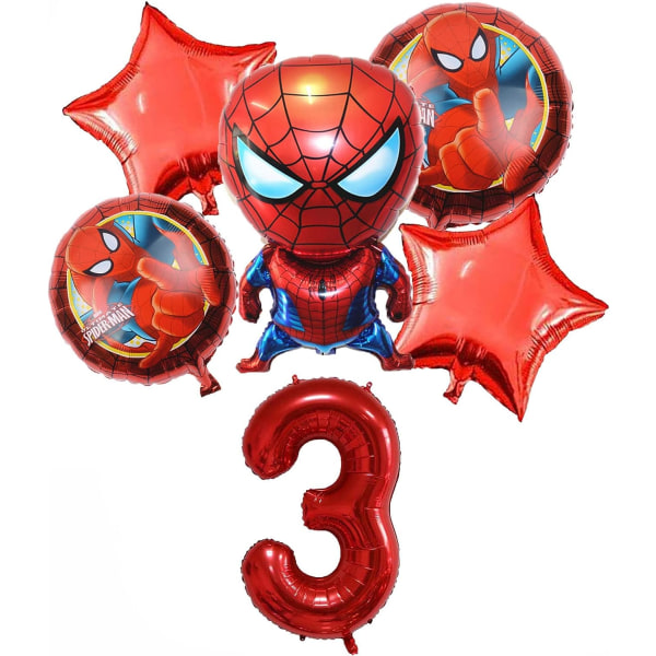 6PCS Superhelt Spiderman-tema 3. bursdagdekorasjoner Rød nummer 3 ballong 32 tommer | Spiderman bursdagsbobler (Spiderman3. bursdag)