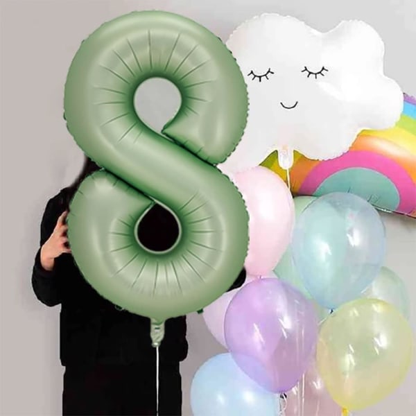 Nummer 8 ballon, stort antal balloner 40 tommer, 8-års fødselsdagsfestpynt ottende år gammel fødselsdagsskilt dekoration, salviegrøn