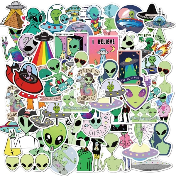 Aliens Stickers Pack för vattenflaskor Laptop, 50st Vinyl Vattentät Estetisk UFO-dekal för klippbok Datortelefon Gitarrbagage