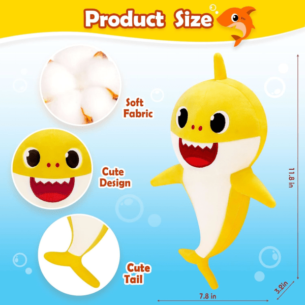 Baby Cute Shark Plysch Leksak Kudde, Interaktiv Mjuk Plyschdjur Haj Plushie Dockor Älskare Jul Födelsedagspresent Heminredning(Gul)