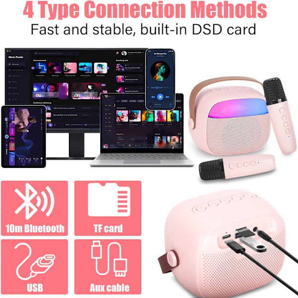 Karaokemaskin för barn med 2 trådlösa mikrofoner, portabelt KTV-system med Bluetooth, högtalare med röstförvrängningseffekter och LED-lampor Pink